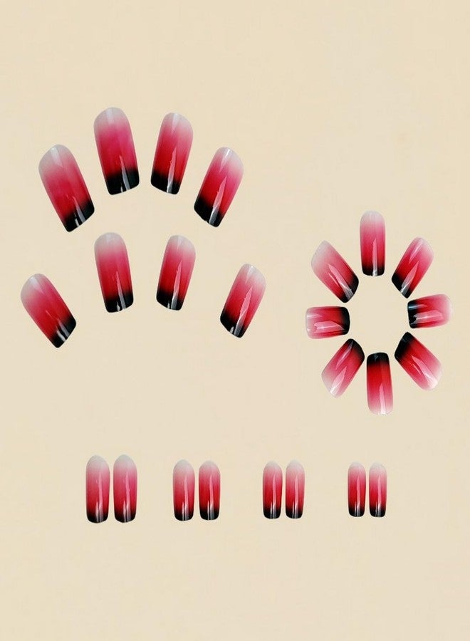 OCOUYVD Short Square Press on Nails Gradient Red French Tip Fake Nails with Designs Artificial Nail Reusable Full Cover False Nails Tips Kit Stick on Nail for Women Nail Art Manicure 24 Pcs - Image 2